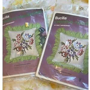 Vintage Lot Of 2 Crewel Needlecraft Pillow Kits Bucilla #1940 Anemone Ruffle
